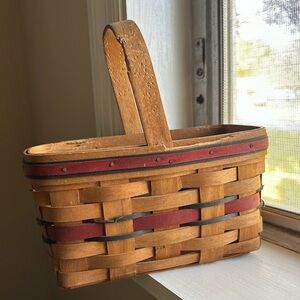 Longaberger Handwoven Wood Basket with Handle and Red Accent